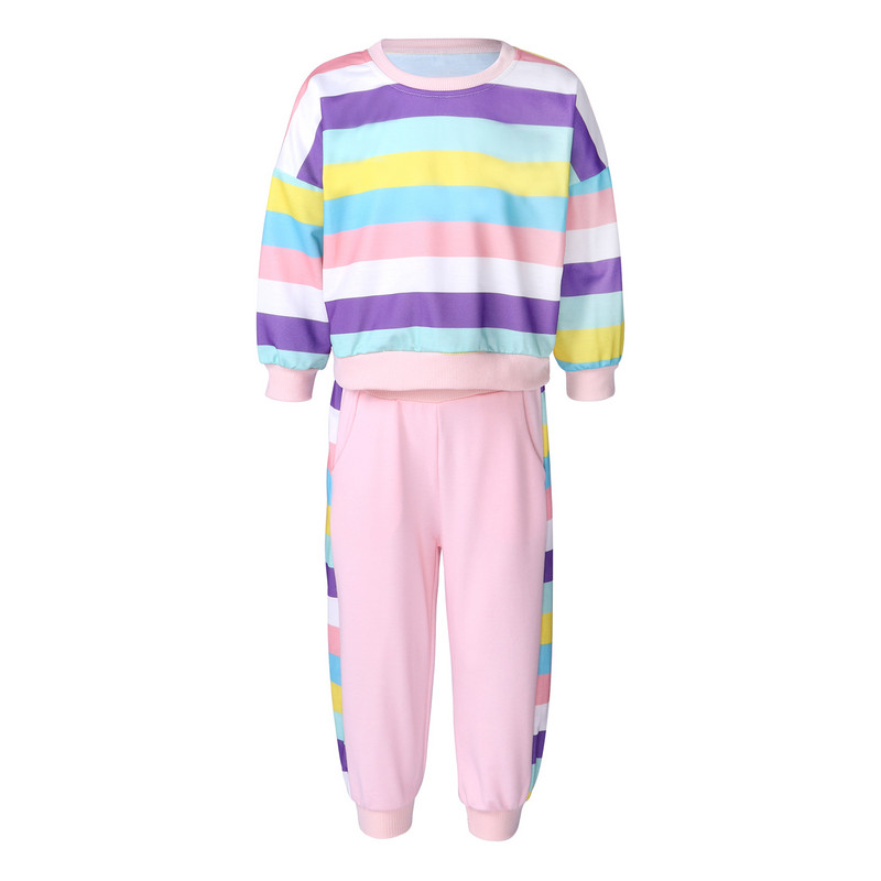 2Gb Bērnu Meiteņu Kokvilnas Sporta Kostīms Treniņam Treniņa Apģērbs Krāsaini Varavīksnes Svītras Apdrukas Topi un Bikses Komplekts Ikdienas sporta apģērbs
