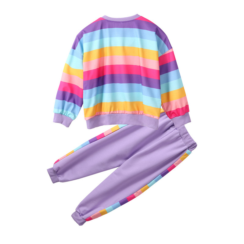 2Gb Bērnu Meiteņu Kokvilnas Sporta Kostīms Treniņam Treniņa Apģērbs Krāsaini Varavīksnes Svītras Apdrukas Topi un Bikses Komplekts Ikdienas sporta apģērbs