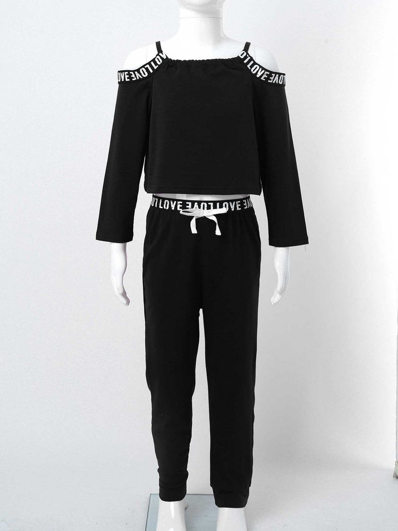 Pavasara rudens 2gab. Komplekts Bērniem Meiteņu ikdienišķs ar burtiem apdrukāts sporta apģērbs ar atvērtiem pleciem garām piedurknēm Crop un bikses treniņtērps