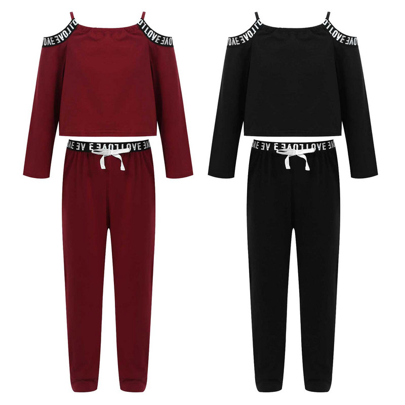 Pavasara rudens 2gab. Komplekts Bērniem Meiteņu ikdienišķs ar burtiem apdrukāts sporta apģērbs ar atvērtiem pleciem garām piedurknēm Crop un bikses treniņtērps