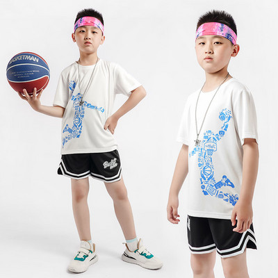 Gyerek sport pólók fiúknak kerek nyakú, rövid ujjú, nyomott, légáteresztő, gyorsan száradó futó kosárlabda edzés ruházat gyerekeknek