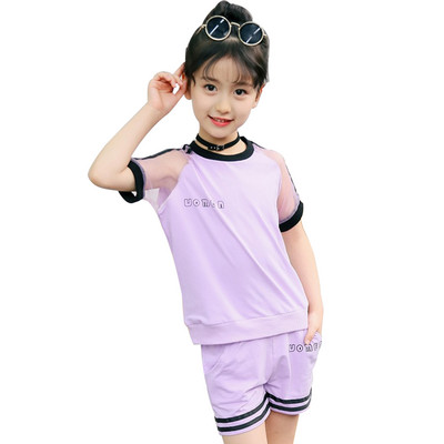2Gb Bērnu komplekts meiteņu vasaras burtu drukas sporta tērps apaļš kakla ar īsām piedurknēm Aktīvs apģērbs skriešanas sporta tops + šorti bērniem