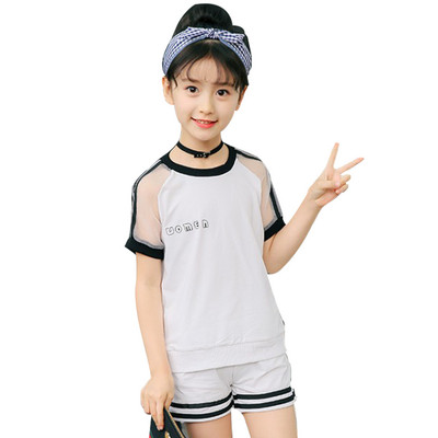 2Gb Bērnu komplekts meiteņu vasaras burtu drukas sporta tērps apaļš kakla ar īsām piedurknēm Aktīvs apģērbs skriešanas sporta tops + šorti bērniem