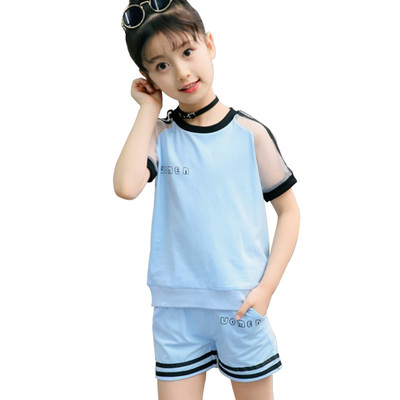 2Gb Bērnu komplekts meiteņu vasaras burtu drukas sporta tērps apaļš kakla ar īsām piedurknēm Aktīvs apģērbs skriešanas sporta tops + šorti bērniem