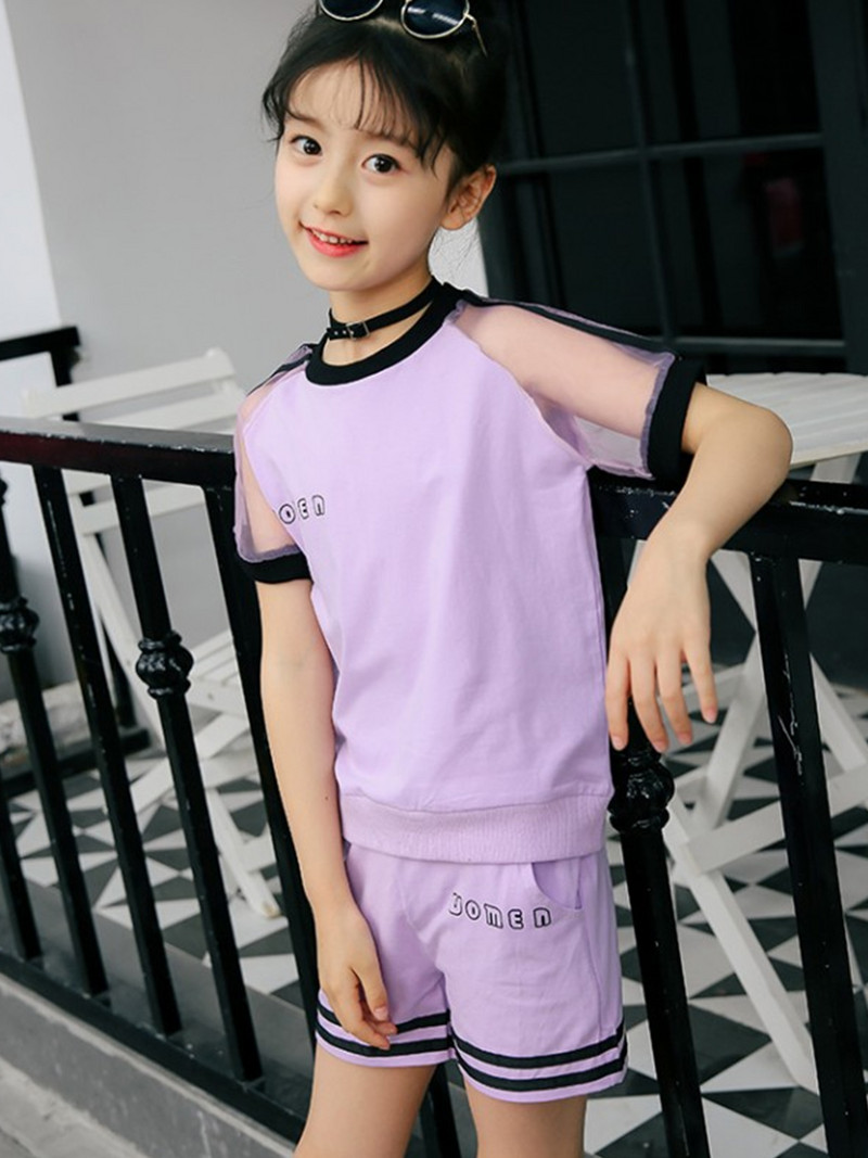 2Gb Bērnu komplekts meiteņu vasaras burtu drukas sporta tērps apaļš kakla ar īsām piedurknēm Aktīvs apģērbs skriešanas sporta tops + šorti bērniem