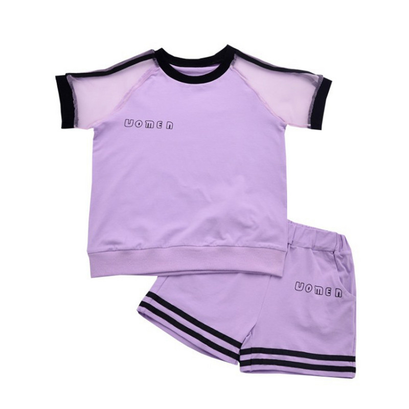 2Gb Bērnu komplekts meiteņu vasaras burtu drukas sporta tērps apaļš kakla ar īsām piedurknēm Aktīvs apģērbs skriešanas sporta tops + šorti bērniem