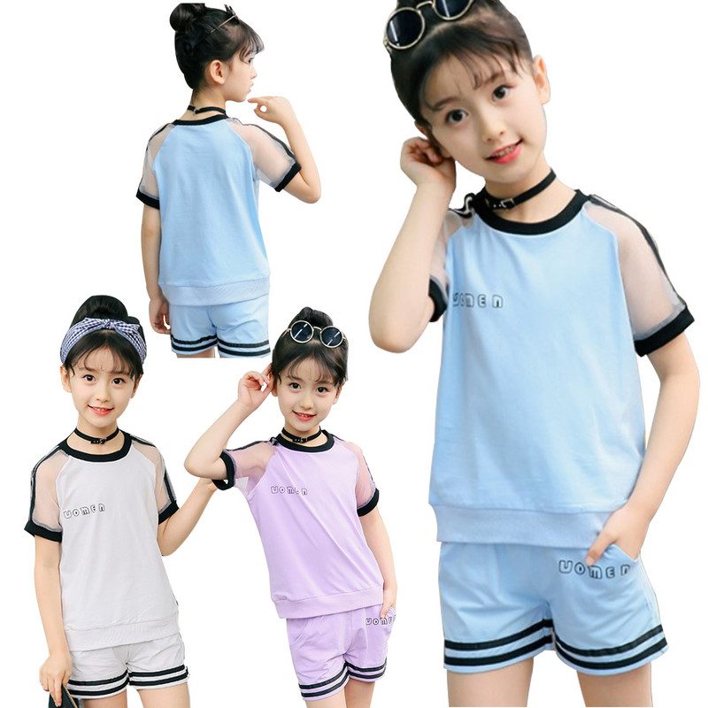 2Gb Bērnu komplekts meiteņu vasaras burtu drukas sporta tērps apaļš kakla ar īsām piedurknēm Aktīvs apģērbs skriešanas sporta tops + šorti bērniem