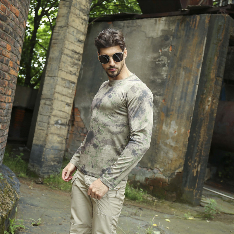Jauns rudens pavasara vīriešu Taktiskais maskēšanās T-krekls ar garām piedurknēm Masculina Quick Dry Militārās armijas āra sporta medību apģērbs