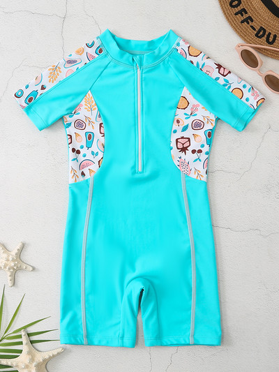 UPF50+ ar īsām piedurknēm, bērnu meiteņu viengabala Rashguard sporta peldkostīms ar augstu kakla izgriezumu, saules aizsargkostīms bērniem, zēnu peldkostīmi