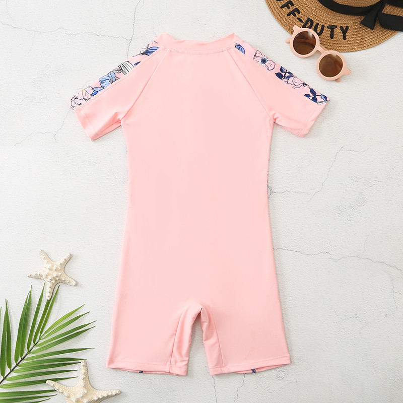 UPF50+ ar īsām piedurknēm, bērnu meiteņu viengabala Rashguard sporta peldkostīms ar augstu kakla izgriezumu, saules aizsargkostīms bērniem, zēnu peldkostīmi