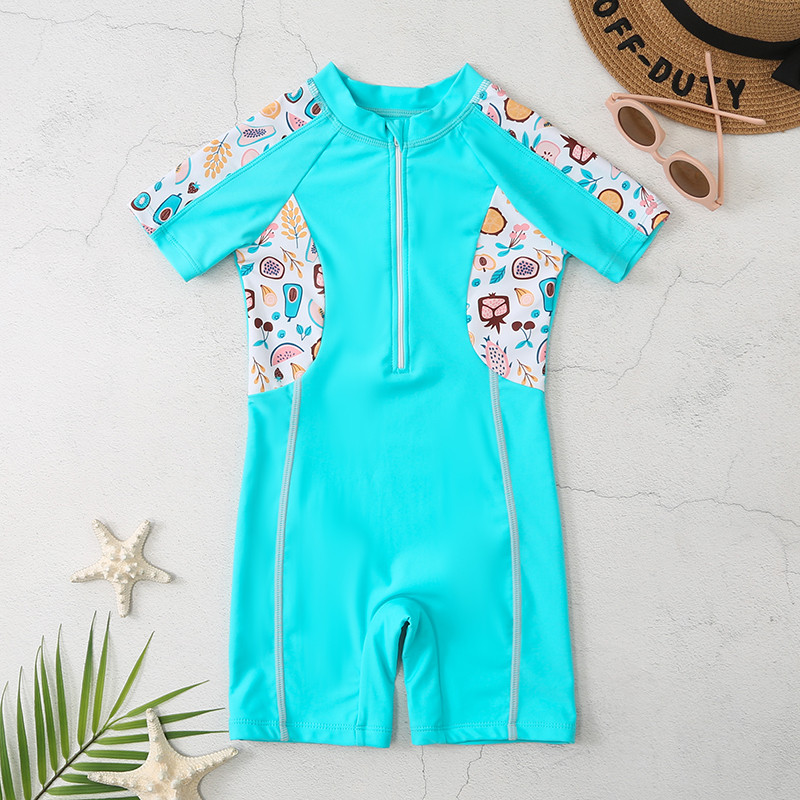 UPF50+ ar īsām piedurknēm, bērnu meiteņu viengabala Rashguard sporta peldkostīms ar augstu kakla izgriezumu, saules aizsargkostīms bērniem, zēnu peldkostīmi