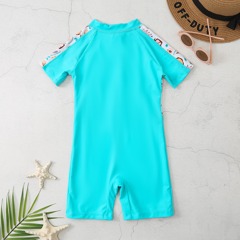 UPF50+ ar īsām piedurknēm, bērnu meiteņu viengabala Rashguard sporta peldkostīms ar augstu kakla izgriezumu, saules aizsargkostīms bērniem, zēnu peldkostīmi