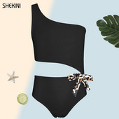 SHEKINI meiteņu peldkostīms ar vienu plecu kaklasaiti ar apdruku viengabala peldkostīms 6-14 gadi Vasaras sporta pludmales apģērbi Peldkostīmi