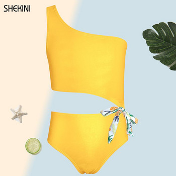 SHEKINI Бански костюм за момичета с едно рамо и вратовръзка Целен бански костюм 6-14 години Летни спортни плажни бански костюми