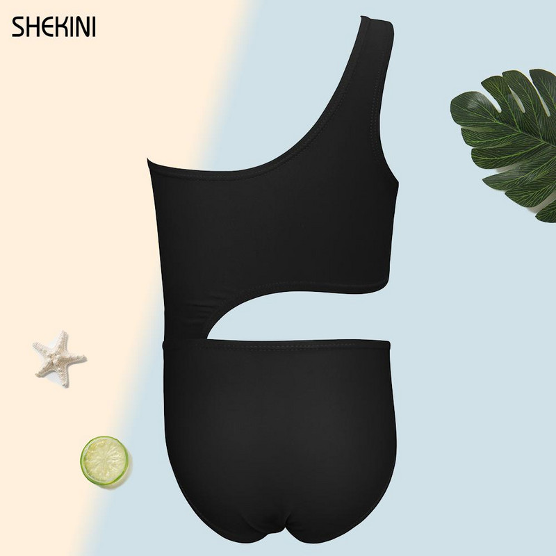 SHEKINI meiteņu peldkostīms ar vienu plecu kaklasaiti ar apdruku viengabala peldkostīms 6-14 gadi Vasaras sporta pludmales apģērbi Peldkostīmi