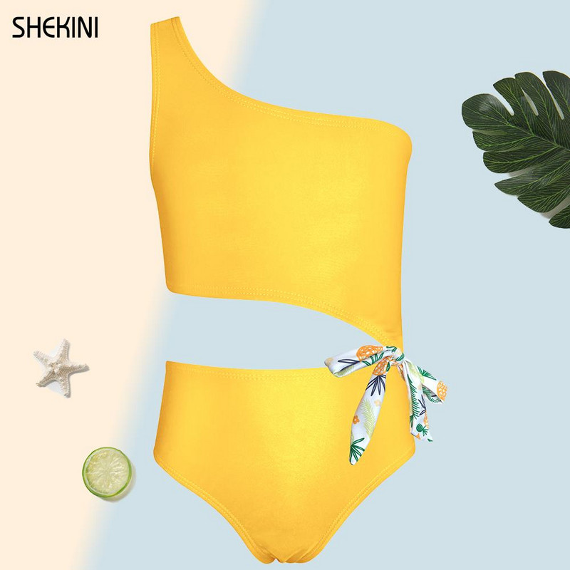 SHEKINI meiteņu peldkostīms ar vienu plecu kaklasaiti ar apdruku viengabala peldkostīms 6-14 gadi Vasaras sporta pludmales apģērbi Peldkostīmi