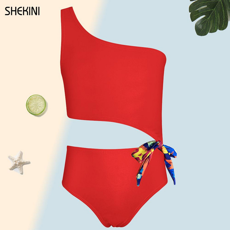 SHEKINI meiteņu peldkostīms ar vienu plecu kaklasaiti ar apdruku viengabala peldkostīms 6-14 gadi Vasaras sporta pludmales apģērbi Peldkostīmi