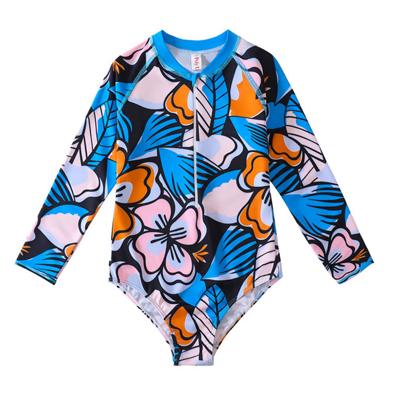 2023. gada mazo meiteņu peldkostīms ar garām piedurknēm ziedu viengabala peldkostīmi Bērnu sauļošanās pludmales tērpi peldkostīmi bērniem, meiteņu peldkostīmi