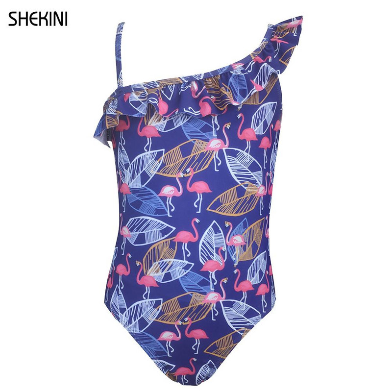 SHEKINI meiteņu peldkostīms uz viena pleca, apdrukāts ar apdruku, 6-14 gadi vasaras peldkostīms, sporta pludmales apģērbs, peldkostīmi