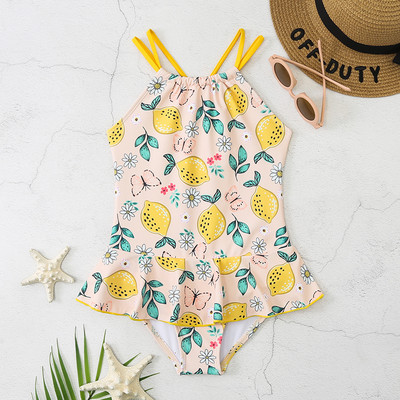 Augļu apdrukas Viengabala bērnu meiteņu peldkostīmi, 2023. gada jauni bērnu peldkostīmi, toddler, volānveida peldkostīms, mazas meitenes pludmales apģērbs