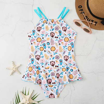 Augļu apdrukas Viengabala bērnu meiteņu peldkostīmi, 2023. gada jauni bērnu peldkostīmi, toddler, volānveida peldkostīms, mazas meitenes pludmales apģērbs