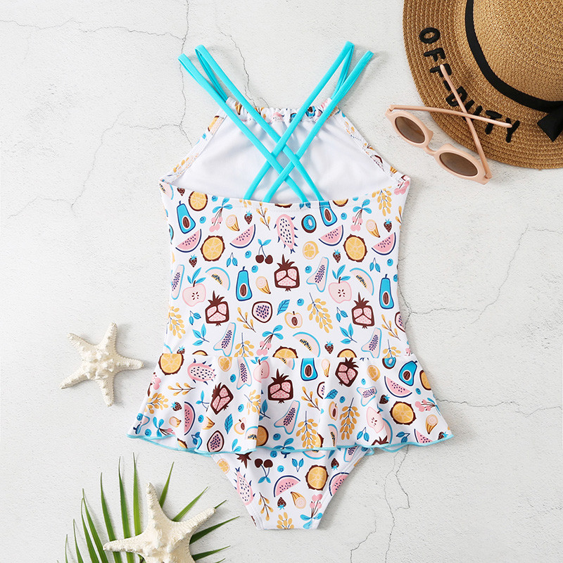 Augļu apdrukas Viengabala bērnu meiteņu peldkostīmi, 2023. gada jauni bērnu peldkostīmi, toddler, volānveida peldkostīms, mazas meitenes pludmales apģērbs