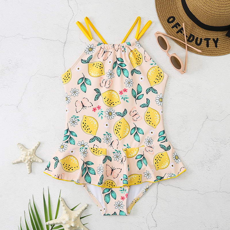 Augļu apdrukas Viengabala bērnu meiteņu peldkostīmi, 2023. gada jauni bērnu peldkostīmi, toddler, volānveida peldkostīms, mazas meitenes pludmales apģērbs