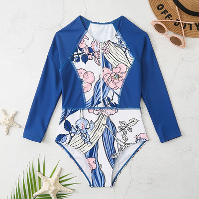 Pikkade varrukatega UPF50+ päikesekaitse tüdrukutele ühes tükis Rashguardi ujumistrikoo, lastele sportlik sportlik laste ujumisriided, lukuga eesmine vanniülikond