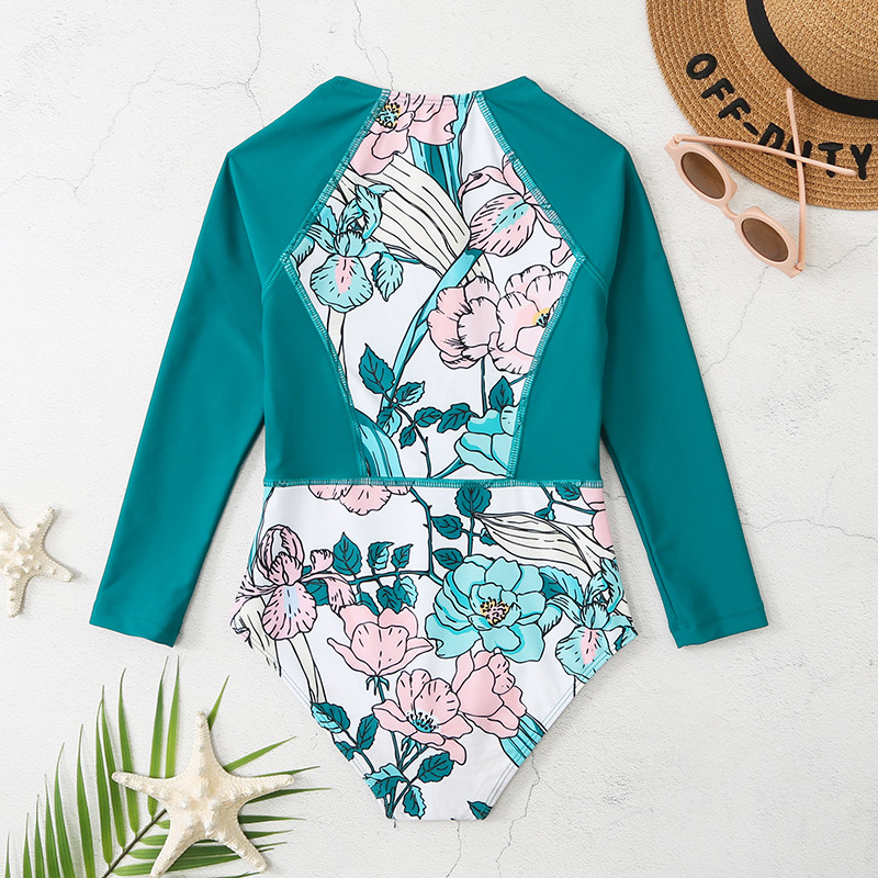 Pikkade varrukatega UPF50+ päikesekaitse tüdrukutele ühes tükis Rashguardi ujumistrikoo, lastele sportlik sportlik laste ujumisriided, lukuga eesmine vanniülikond