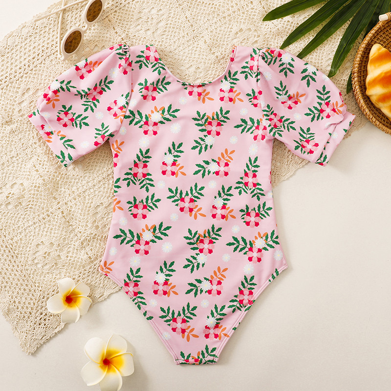 Virágos, rövid ujjú lányoknak készült, egyrészes Rash Guard fürdőruha, 2022-es gyermek fürdőruha Kislányos fürdőruha strandruha 8-14 éves korig