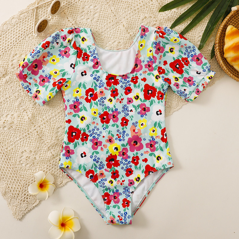 Virágos, rövid ujjú lányoknak készült, egyrészes Rash Guard fürdőruha, 2022-es gyermek fürdőruha Kislányos fürdőruha strandruha 8-14 éves korig