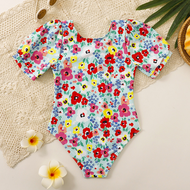 Virágos, rövid ujjú lányoknak készült, egyrészes Rash Guard fürdőruha, 2022-es gyermek fürdőruha Kislányos fürdőruha strandruha 8-14 éves korig