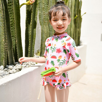 Μπροστά με φερμουάρ, Παιδικό μαγιό με κοντό μανίκι Rash Guard 2022 Floral χαριτωμένο κοριτσάκι Παιδικό μαγιό