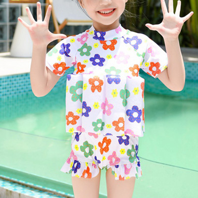 Bērnu peldkostīms ar rāvējslēdzēju priekšā, meitenēm ar īsām piedurknēm, izsitumu aizsargs, 2022. gada puķains, piemīlīgs bērnu peldkostīms.