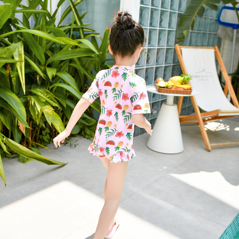 Bērnu peldkostīms ar rāvējslēdzēju priekšā, meitenēm ar īsām piedurknēm, izsitumu aizsargs, 2022. gada puķains, piemīlīgs bērnu peldkostīms.