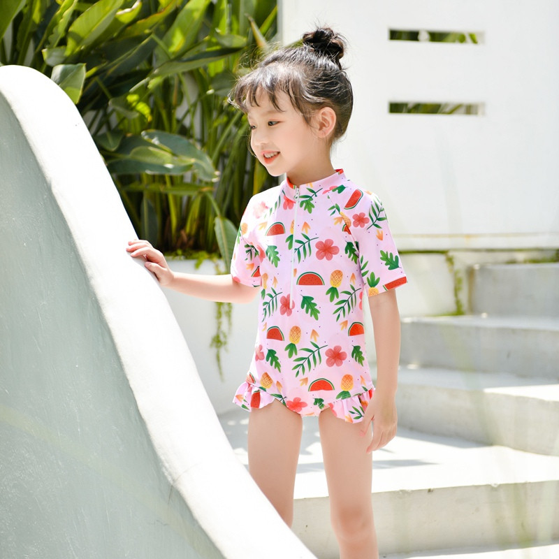 Bērnu peldkostīms ar rāvējslēdzēju priekšā, meitenēm ar īsām piedurknēm, izsitumu aizsargs, 2022. gada puķains, piemīlīgs bērnu peldkostīms.