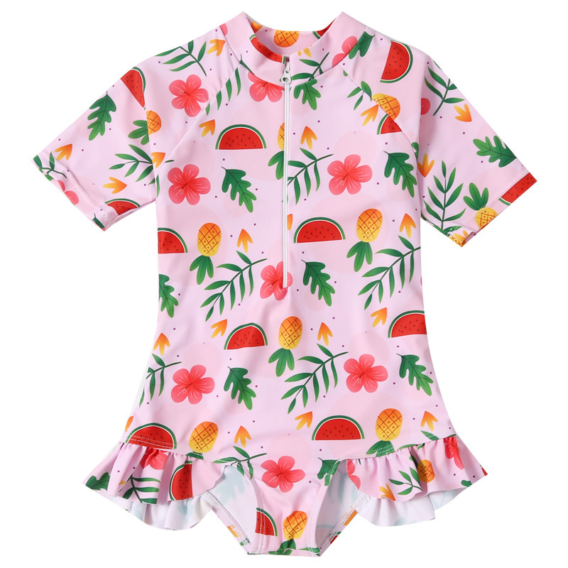 Bērnu peldkostīms ar rāvējslēdzēju priekšā, meitenēm ar īsām piedurknēm, izsitumu aizsargs, 2022. gada puķains, piemīlīgs bērnu peldkostīms.