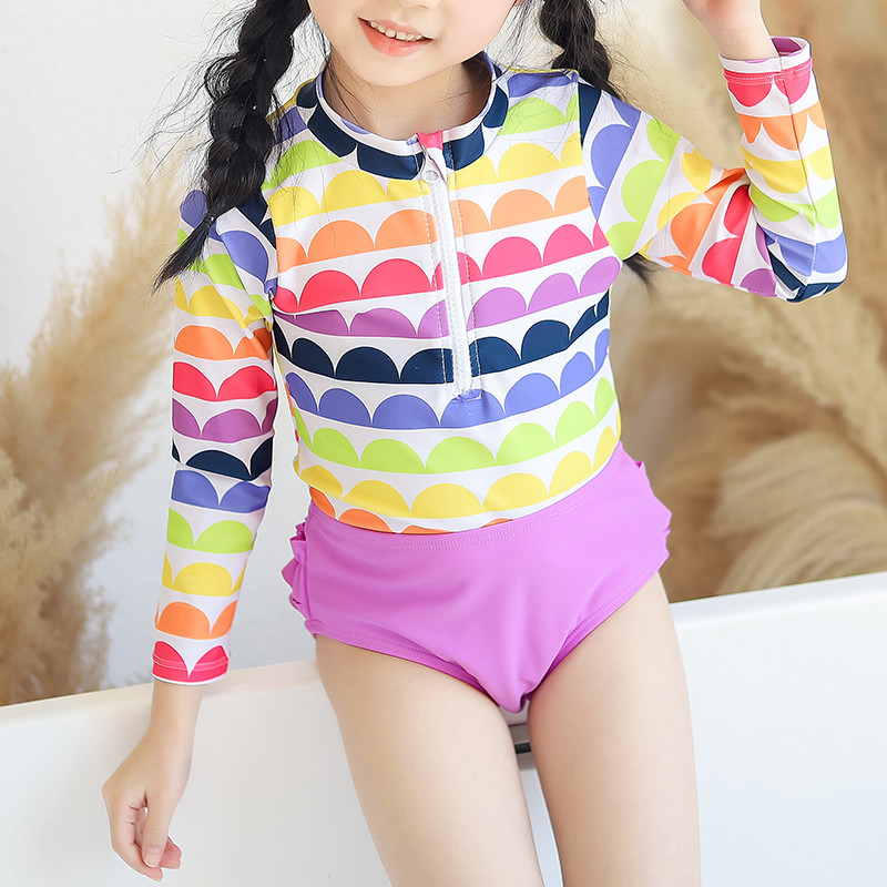 Bērnu peldkostīms ar rāvējslēdzēju priekšā izsitumu aizsargs ar garām piedurknēm UPF50+ UV saules aizsargkostīms bērniem ar bikini apakšu