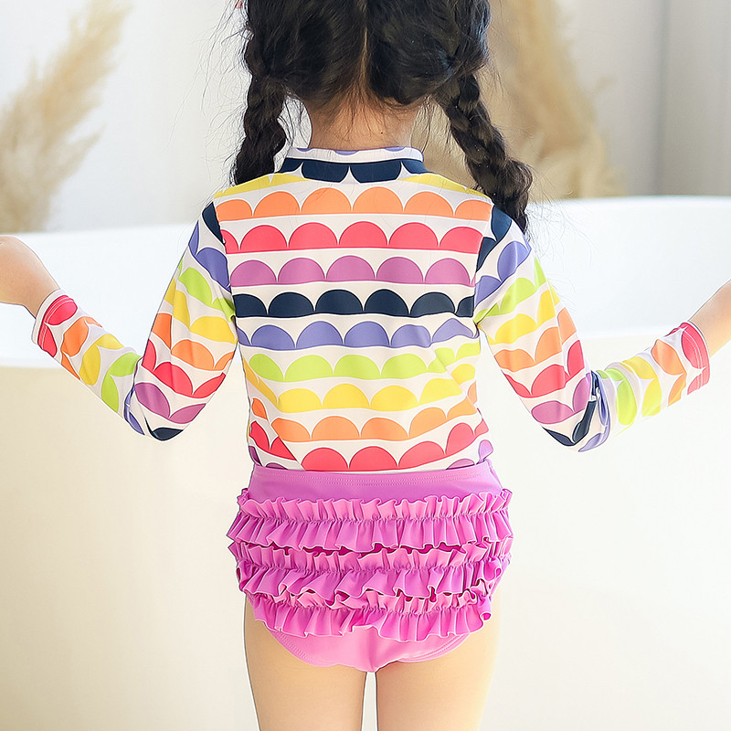 Bērnu peldkostīms ar rāvējslēdzēju priekšā izsitumu aizsargs ar garām piedurknēm UPF50+ UV saules aizsargkostīms bērniem ar bikini apakšu