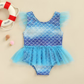 2022. gada ikdienišķs vasaras mazas meitenes ar zilu tilla volānu peldkostīmu maziem bērniem, saldo zivju zvīņveida raksta sietveida peldkostīmi bez piedurknēm