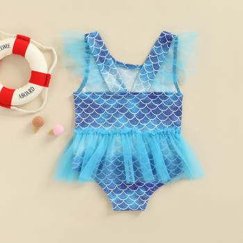 2022 Ежедневни летни малки момичета Бански костюми с волани от син тюл Малки деца Сладък модел на рибени люспи Мрежести бански костюми без ръкави