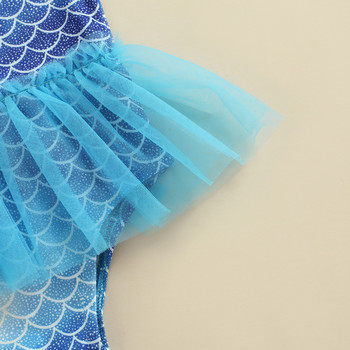 2022 Ежедневни летни малки момичета Бански костюми с волани от син тюл Малки деца Сладък модел на рибени люспи Мрежести бански костюми без ръкави
