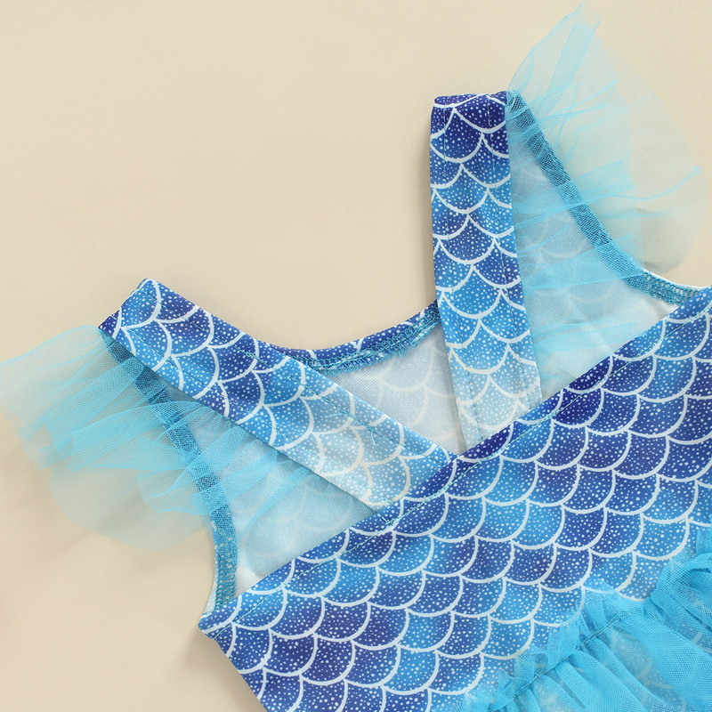 2022. gada ikdienišķs vasaras mazas meitenes ar zilu tilla volānu peldkostīmu maziem bērniem, saldo zivju zvīņveida raksta sietveida peldkostīmi bez piedurknēm
