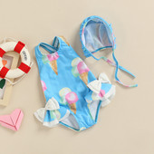 Jauki, 2022. gada burvīgi mazuļu meiteņu volāni bikini saldējuma apdruka bez piedurknēm bez atzveltnes vasaras peldkostīms ar muguru krustu ar cepuri