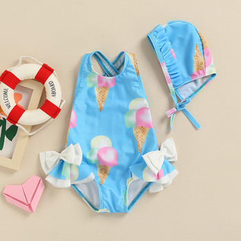 2022 Lovely Toddler Baby Girls Ruffles Bikini Ice Cream print Αμάνικο εξώπλατο μαγιό Καλοκαιρινό σταυρό πίσω μαγιό με καπέλο