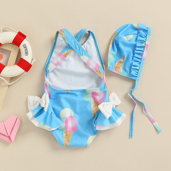 2022 Lovely Toddler Baby Girls Ruffles Bikini Ice Cream print Αμάνικο εξώπλατο μαγιό Καλοκαιρινό σταυρό πίσω μαγιό με καπέλο