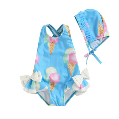 Jauki, 2022. gada burvīgi mazuļu meiteņu volāni bikini saldējuma apdruka bez piedurknēm bez atzveltnes vasaras peldkostīms ar muguru krustu ar cepuri