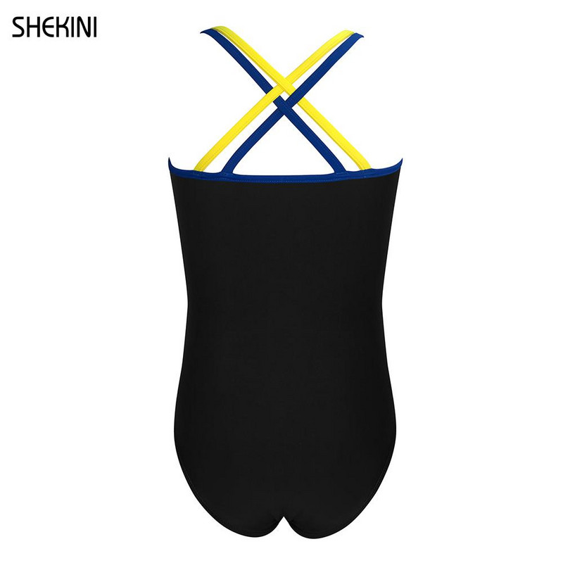 SHEKINI meiteņu peldkostīms ar dubultām siksnām, krusteniskas muguras siksnas viendaļīgs peldkostīms 6-14 gadu vasaras sporta pludmales apģērbs