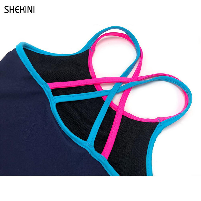 SHEKINI meiteņu peldkostīms ar dubultām siksnām, krusteniskas muguras siksnas viendaļīgs peldkostīms 6-14 gadu vasaras sporta pludmales apģērbs
