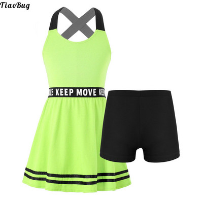 TiaoBug 2Pcs Kids Girls Sport Dress Straps Cross At Rear Sleeveless Letters Print A-Line Dress With Shorts Set For Gym Tennis